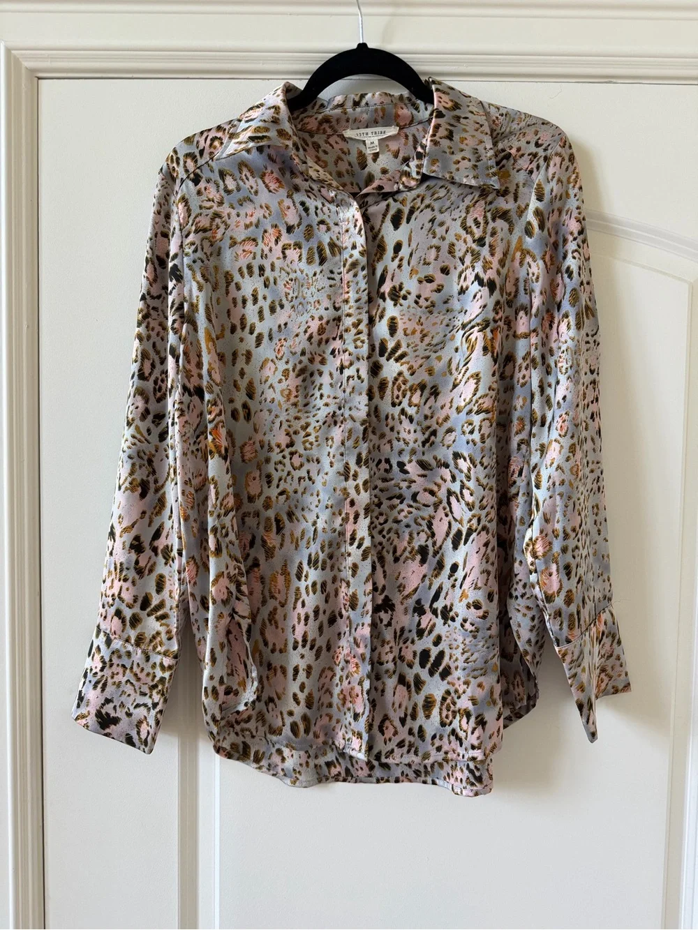 12th Tribe Animal Print Button-Up Blouse in Light Blue and Pink